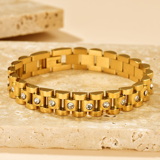Luxury Gold-Tone Stainless Steel Bracelet with Crystal Accents