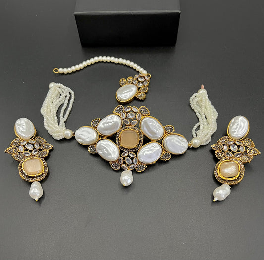 Regal Pearl & Kundan Choker Set with Earrings