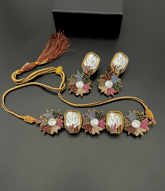 Green Crystal & Pearl Floral Choker Set