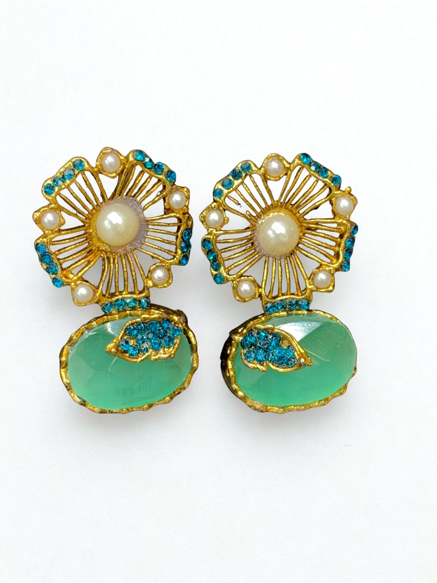 Vintage Bloom Green Stone & Pearl Stud Earrings