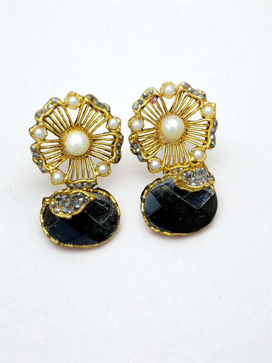 Vintage Bloom Green Stone & Pearl Stud Earrings