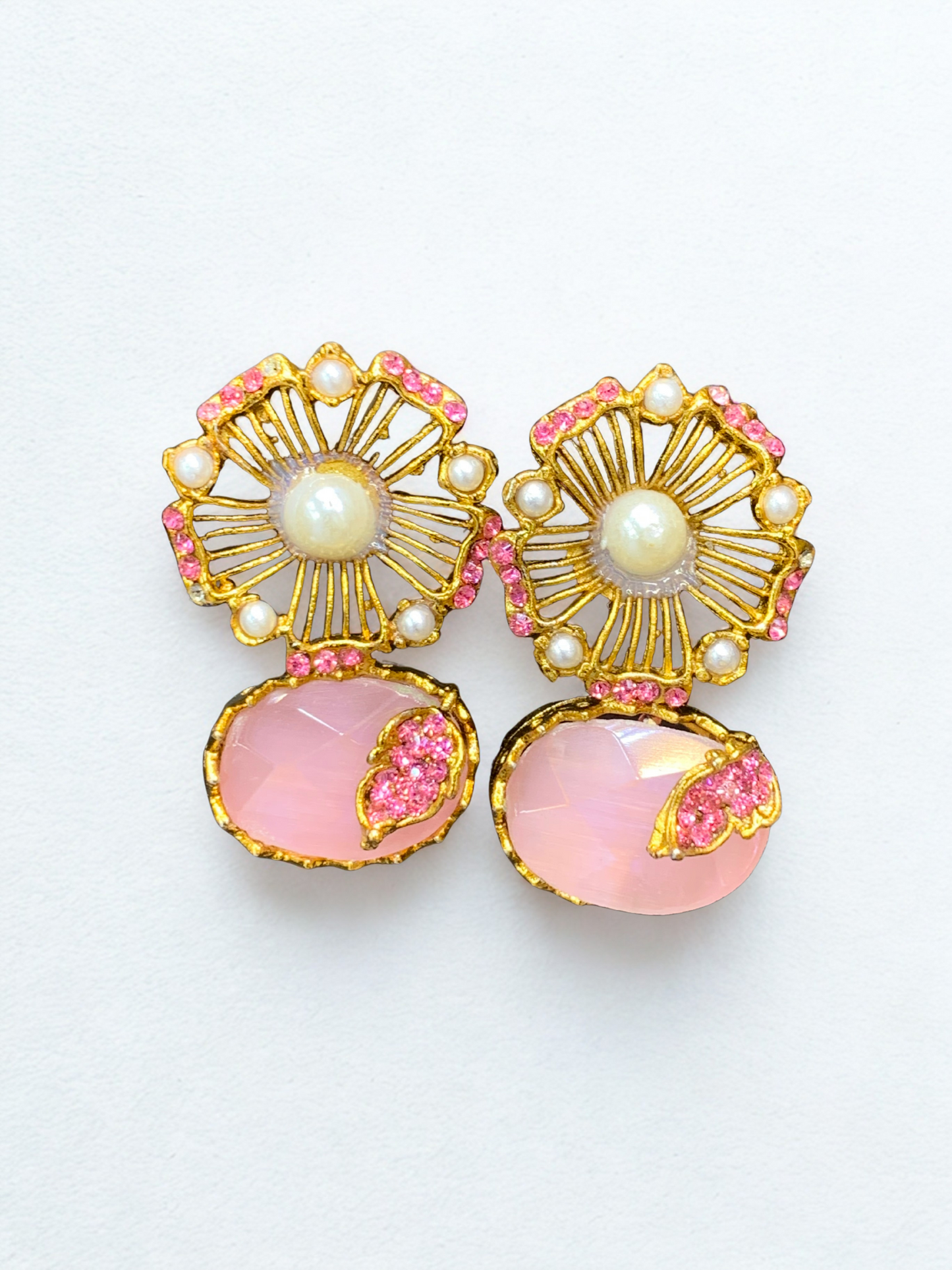 Vintage Bloom Green Stone & Pearl Stud Earrings