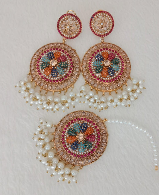 Colorful Round Kundan Earrings with Pearl Tikka Set