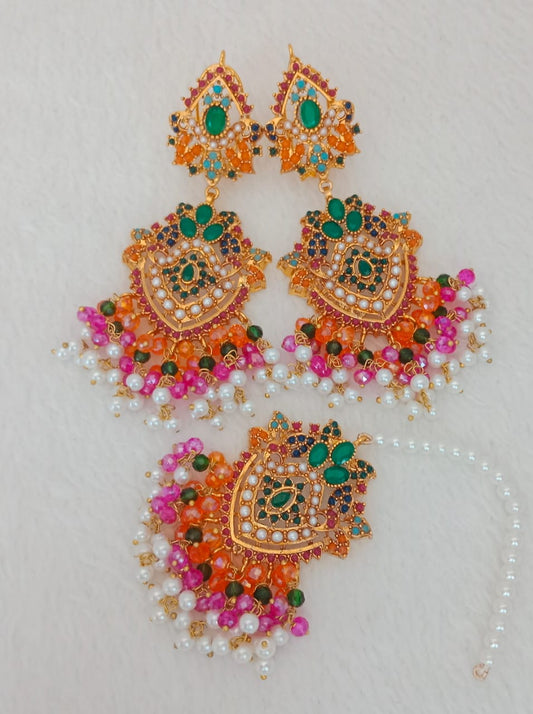 Royal Multicolor Stone Earrings with Matching Maang Tikka
