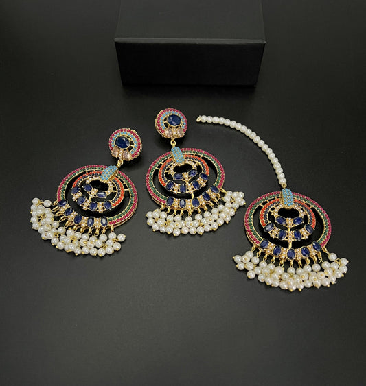 Traditional Pearl & Multi-Color Stone Earrings with Tikka Set