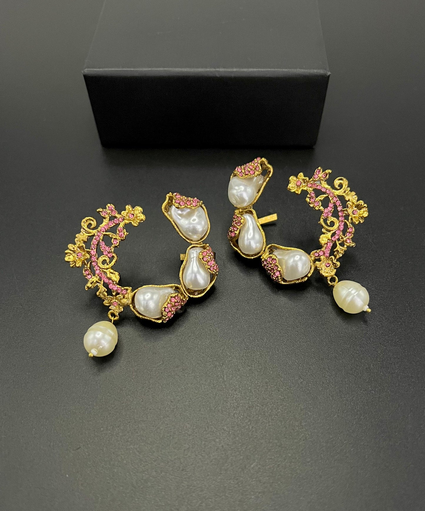 Elegant Gold Plated Pearl & Pink Stone Hoop Earrings
