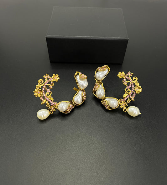 Elegant Gold Plated Pearl & Pink Stone Hoop Earrings