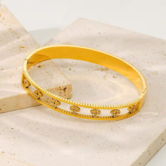 Designer Gold Bangle with Floral Motif and Diamond Accents
