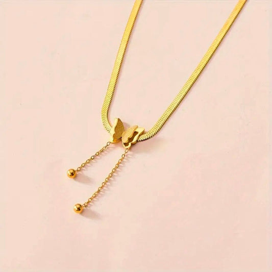 Delicate Gold Butterfly Necklace with Drop Chain Detail