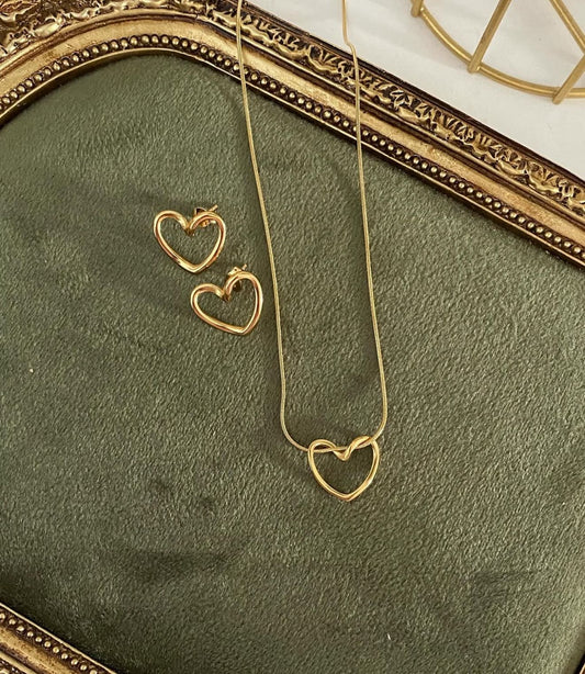 Gold Heart Pendant Necklace and Earrings Set
