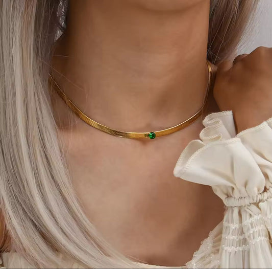Gold Choker Necklace with Green Gemstone Accent