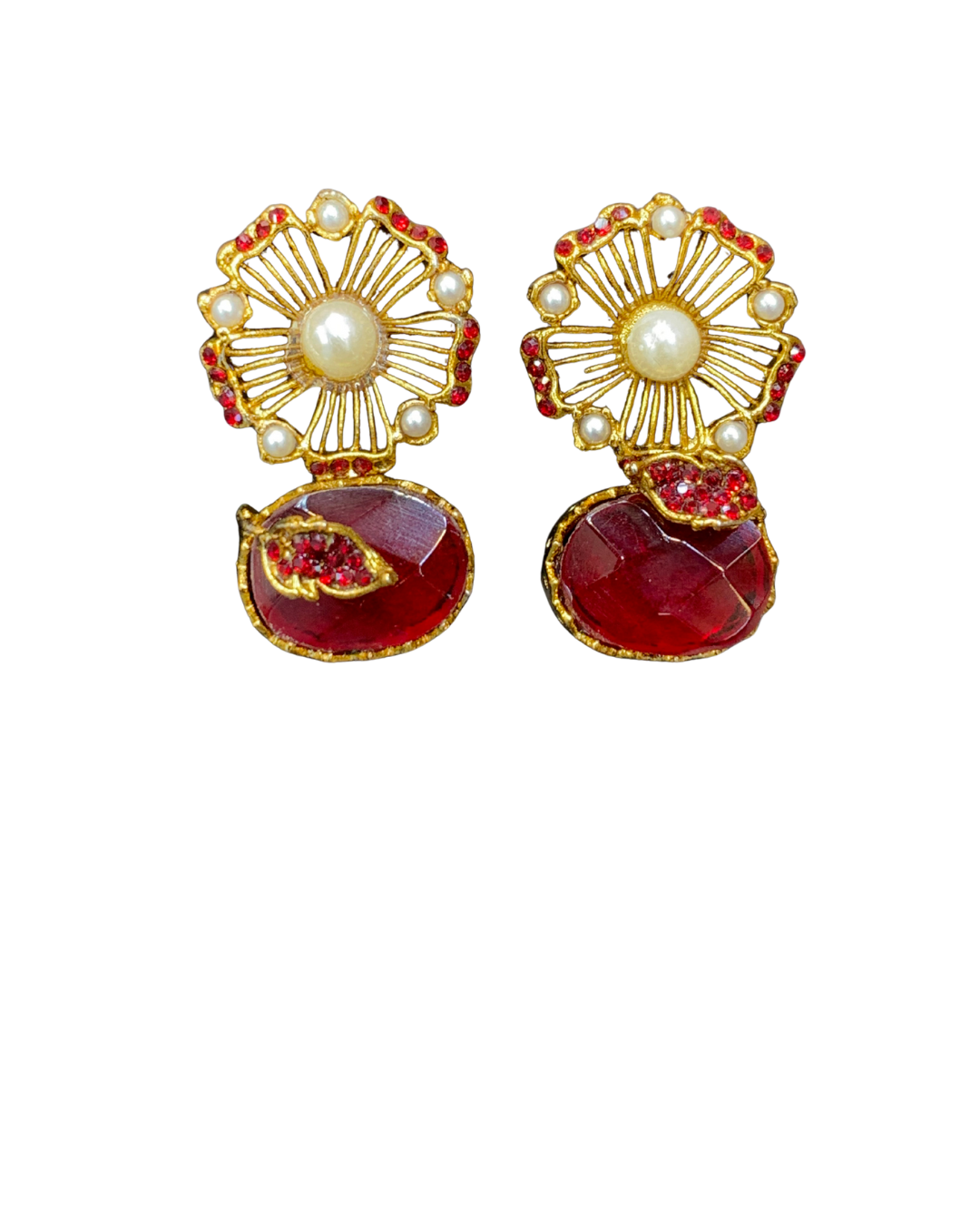 Vintage Bloom Green Stone & Pearl Stud Earrings
