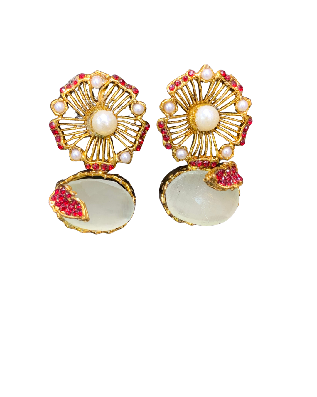 Vintage Bloom Green Stone & Pearl Stud Earrings