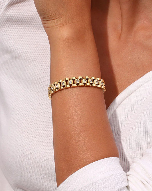 Luxury Gold-Tone Stainless Steel Bracelet with Crystal Accents