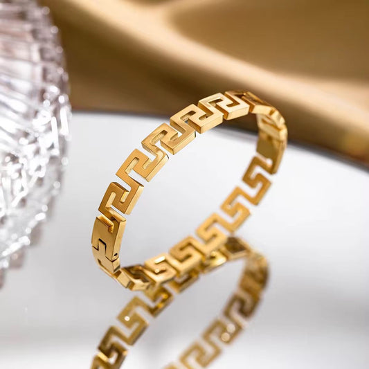 Greek Key Pattern Gold-Plated Statement Bracelet