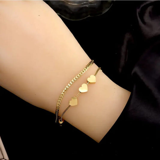 Minimal Gold-Plated Dual Chain Bracelet with Heart Charms