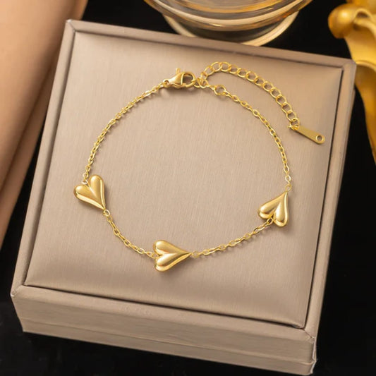 Triple Heart Charm Gold Bracelet
