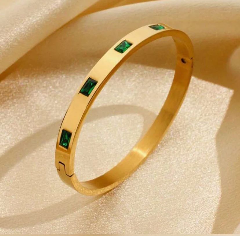 Gold-Plated Emerald Stone Studded Bangle Bracelet