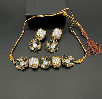 Green Crystal & Pearl Floral Choker Set