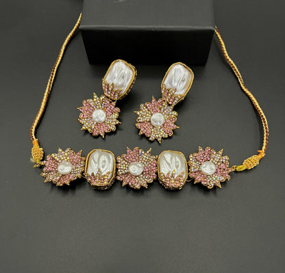 Green Crystal & Pearl Floral Choker Set