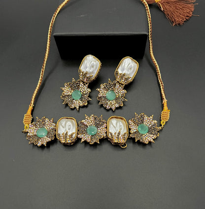 Green Crystal & Pearl Floral Choker Set