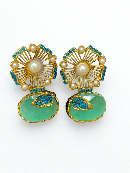 Vintage Bloom Green Stone & Pearl Stud Earrings