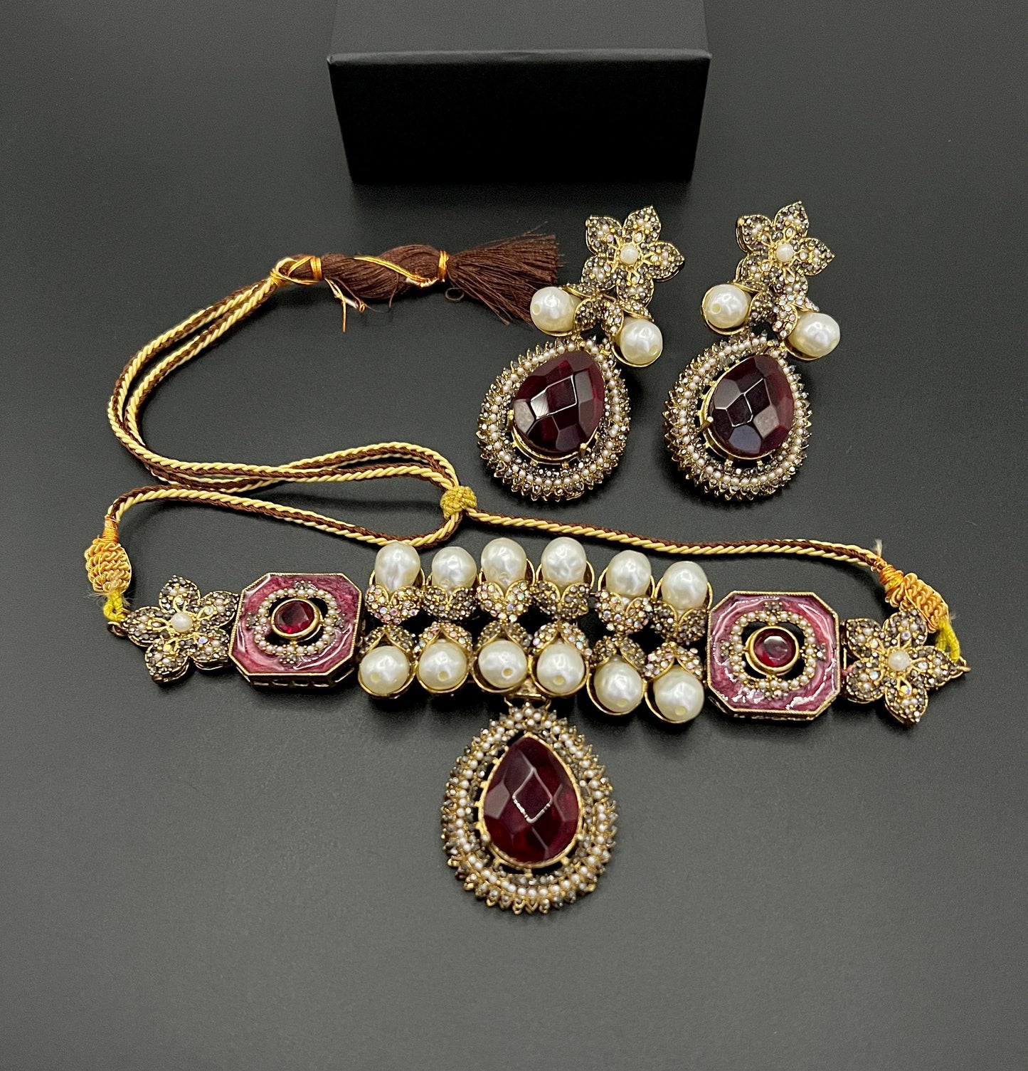 Antique Gold Pearl & Champagne Stone Choker Set