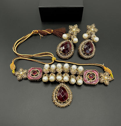 Antique Gold Pearl & Champagne Stone Choker Set