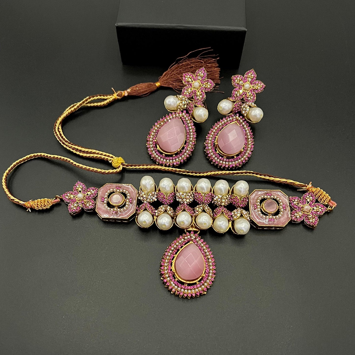 Antique Gold Pearl & Champagne Stone Choker Set