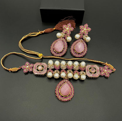 Antique Gold Pearl & Champagne Stone Choker Set