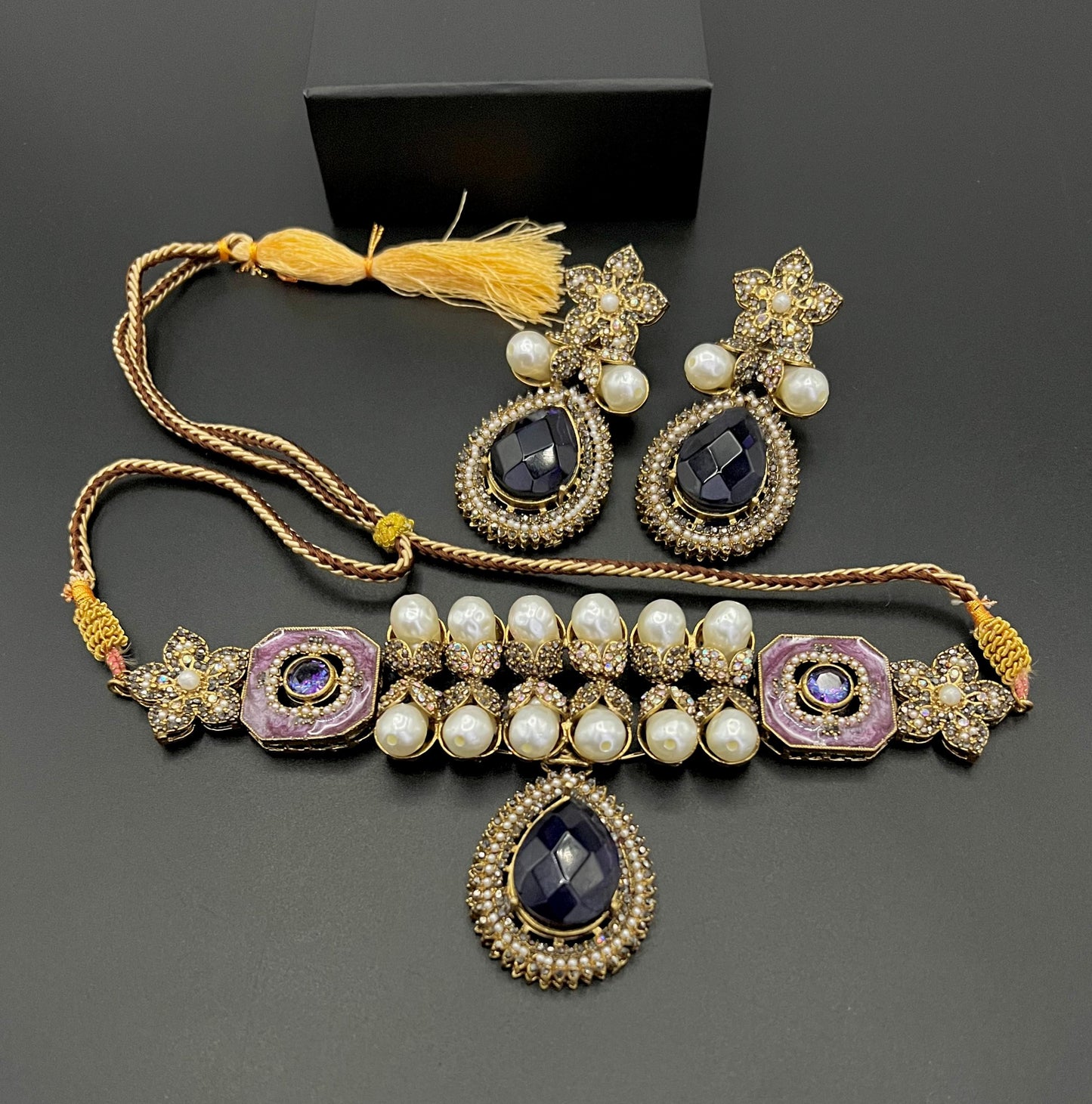Antique Gold Pearl & Champagne Stone Choker Set