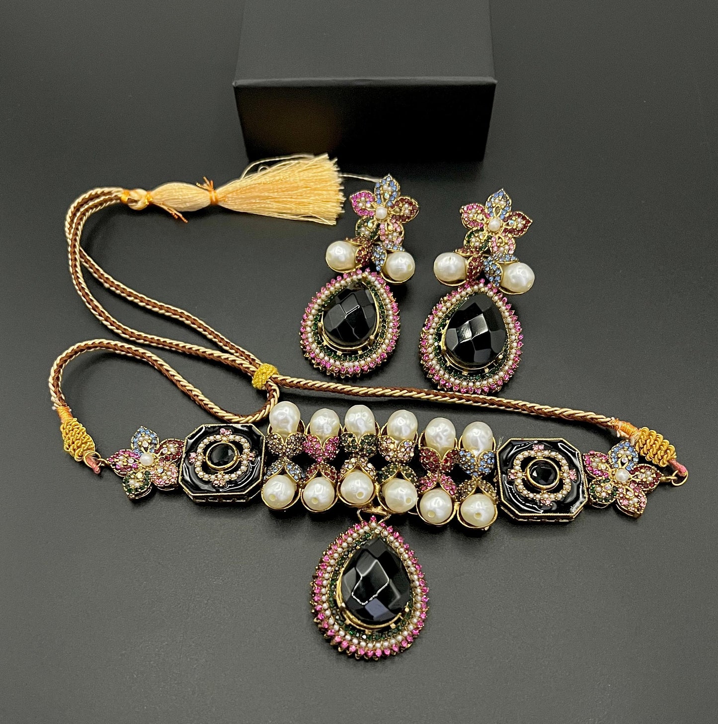 Antique Gold Pearl & Champagne Stone Choker Set