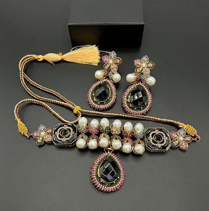 Antique Gold Pearl & Champagne Stone Choker Set