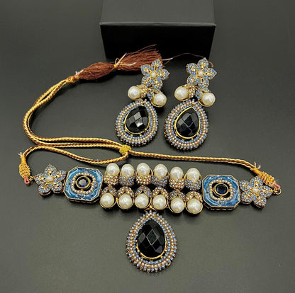 Antique Gold Pearl & Champagne Stone Choker Set