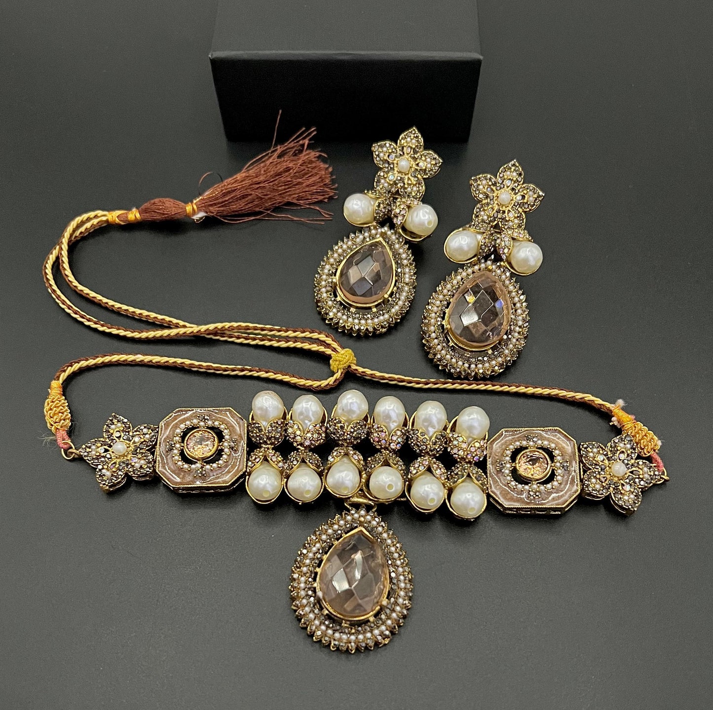Antique Gold Pearl & Champagne Stone Choker Set