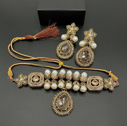 Antique Gold Pearl & Champagne Stone Choker Set