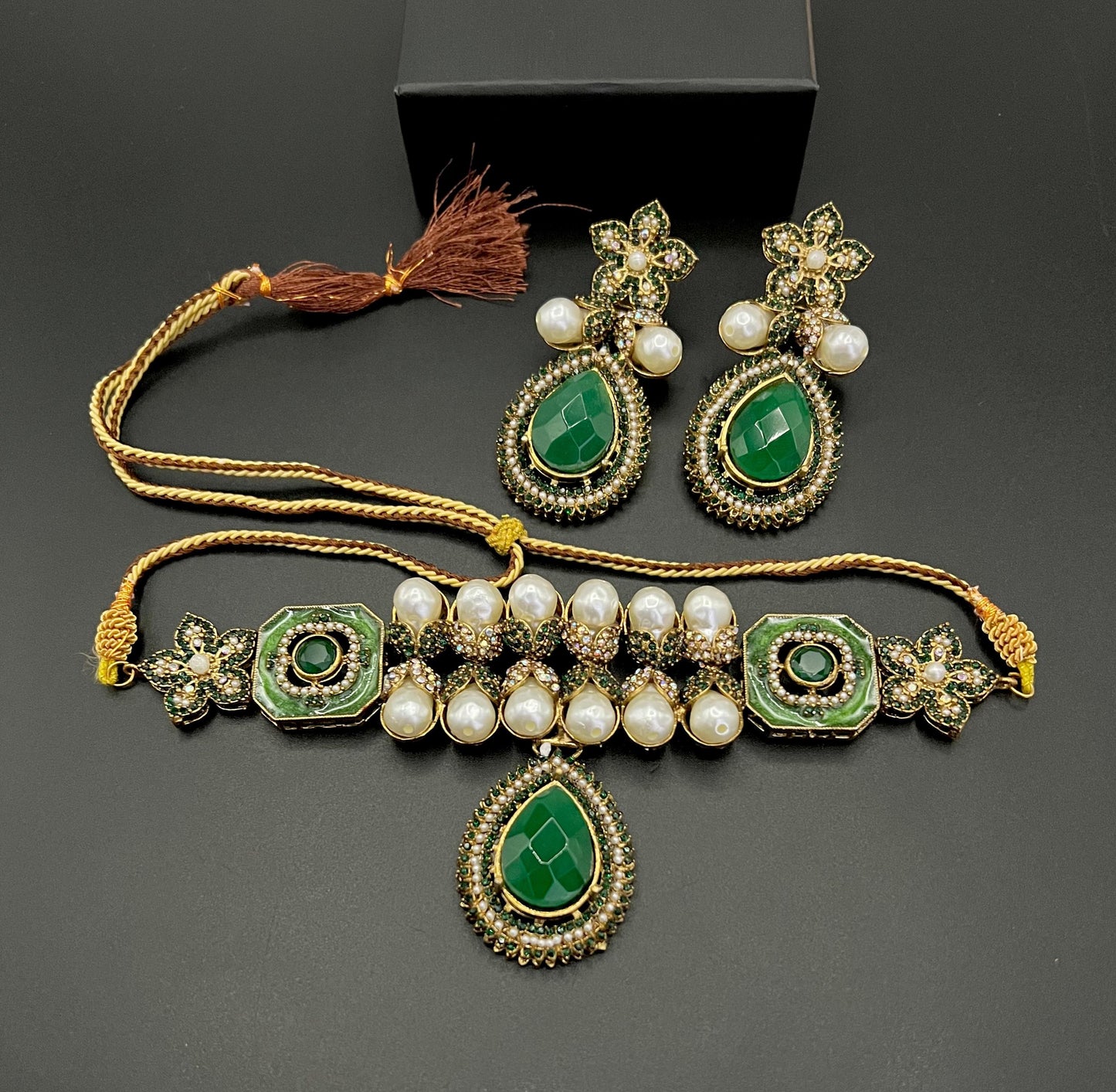 Antique Gold Pearl & Champagne Stone Choker Set