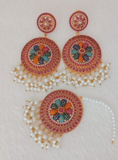 Colorful Round Kundan Earrings with Pearl Tikka Set