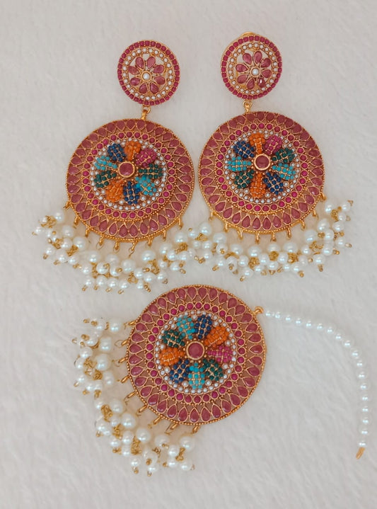 Colorful Round Kundan Earrings with Pearl Tikka Set