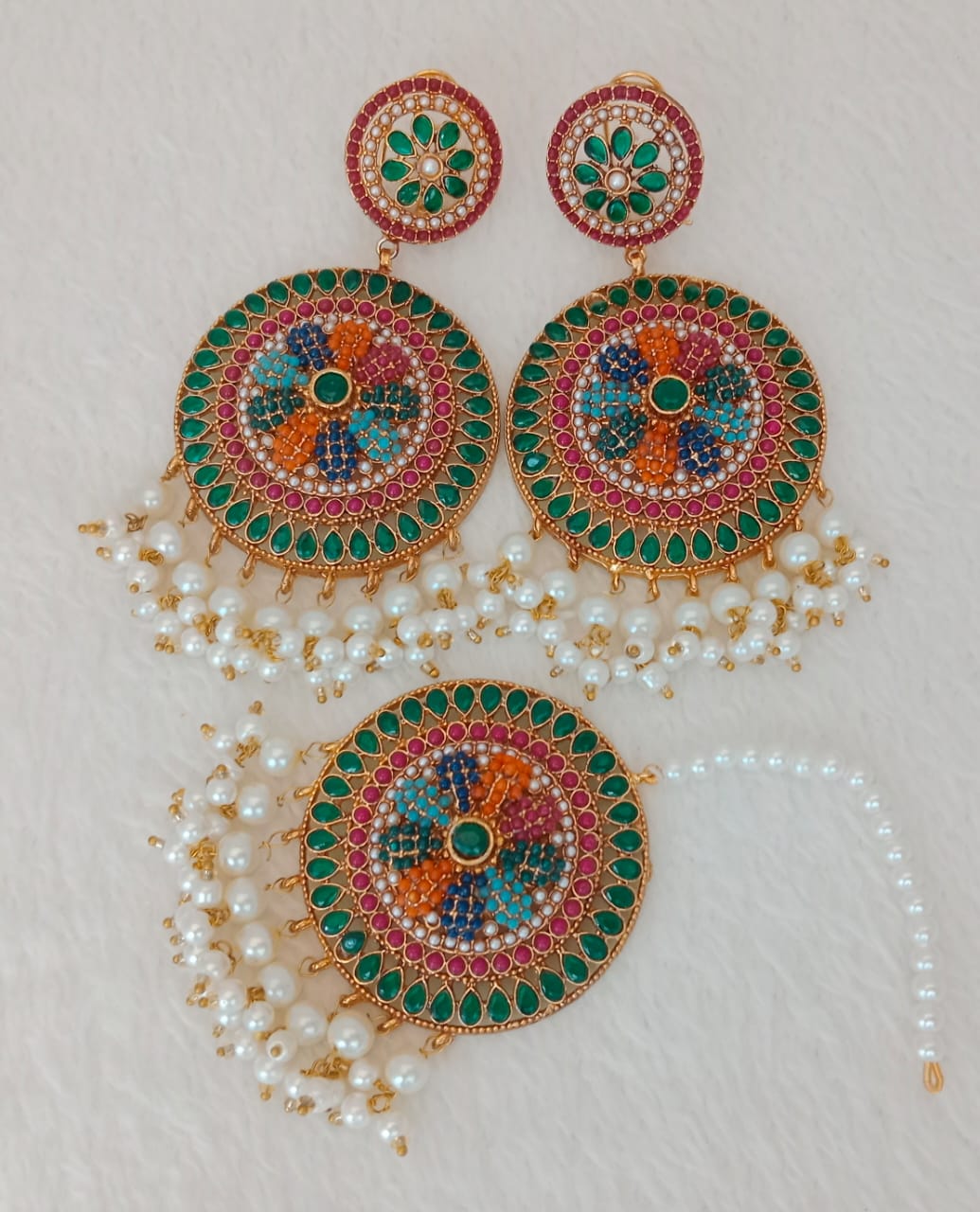 Colorful Round Kundan Earrings with Pearl Tikka Set