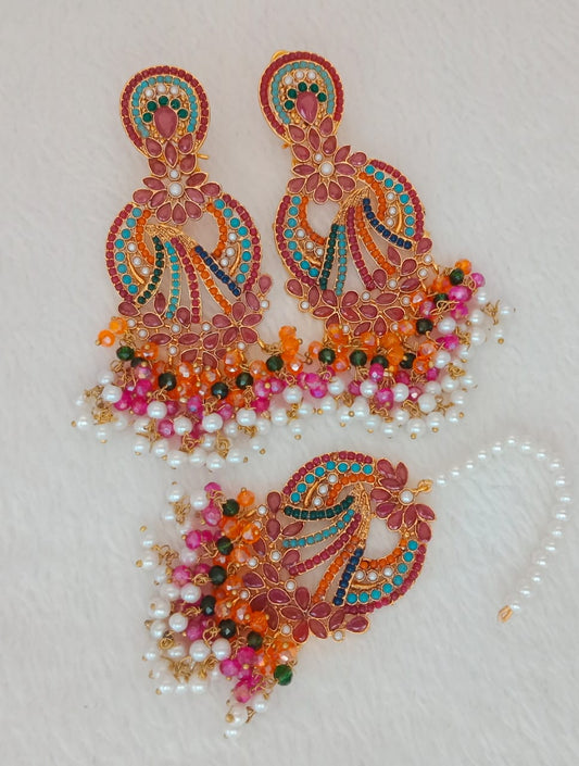 Traditional Peacock Design Earrings with Maang Tikka