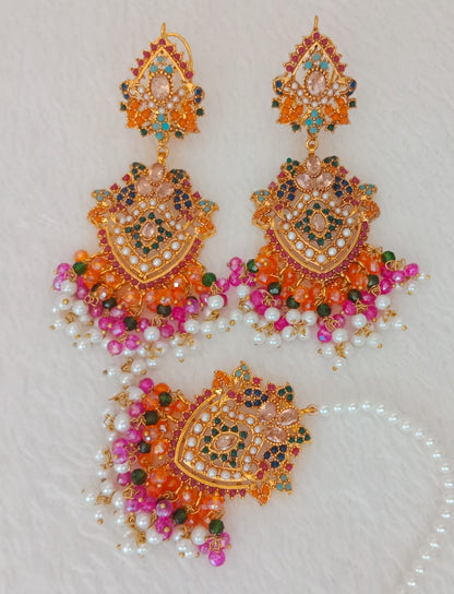 Royal Multicolor Stone Earrings with Matching Maang Tikka