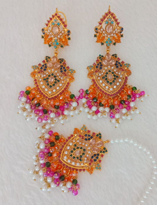 Royal Multicolor Stone Earrings with Matching Maang Tikka