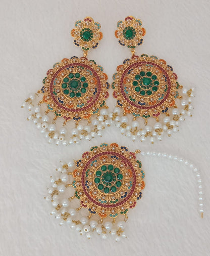 Royal Multicolor Stone Earrings with Matching Maang Tikka