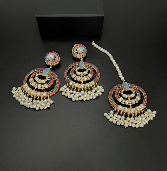 Traditional Pearl & Multi-Color Stone Earrings with Tikka Set