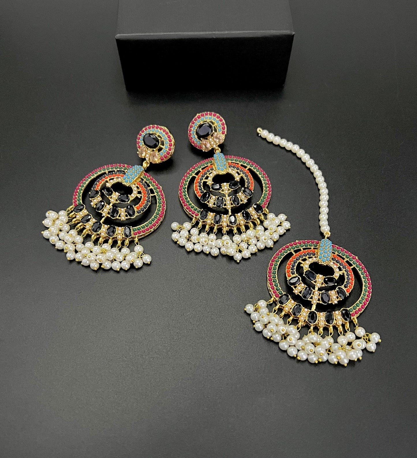 Traditional Pearl & Multi-Color Stone Earrings with Tikka Set