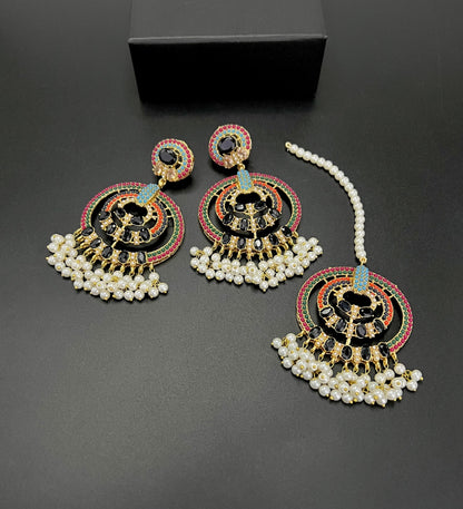 Traditional Pearl & Multi-Color Stone Earrings with Tikka Set