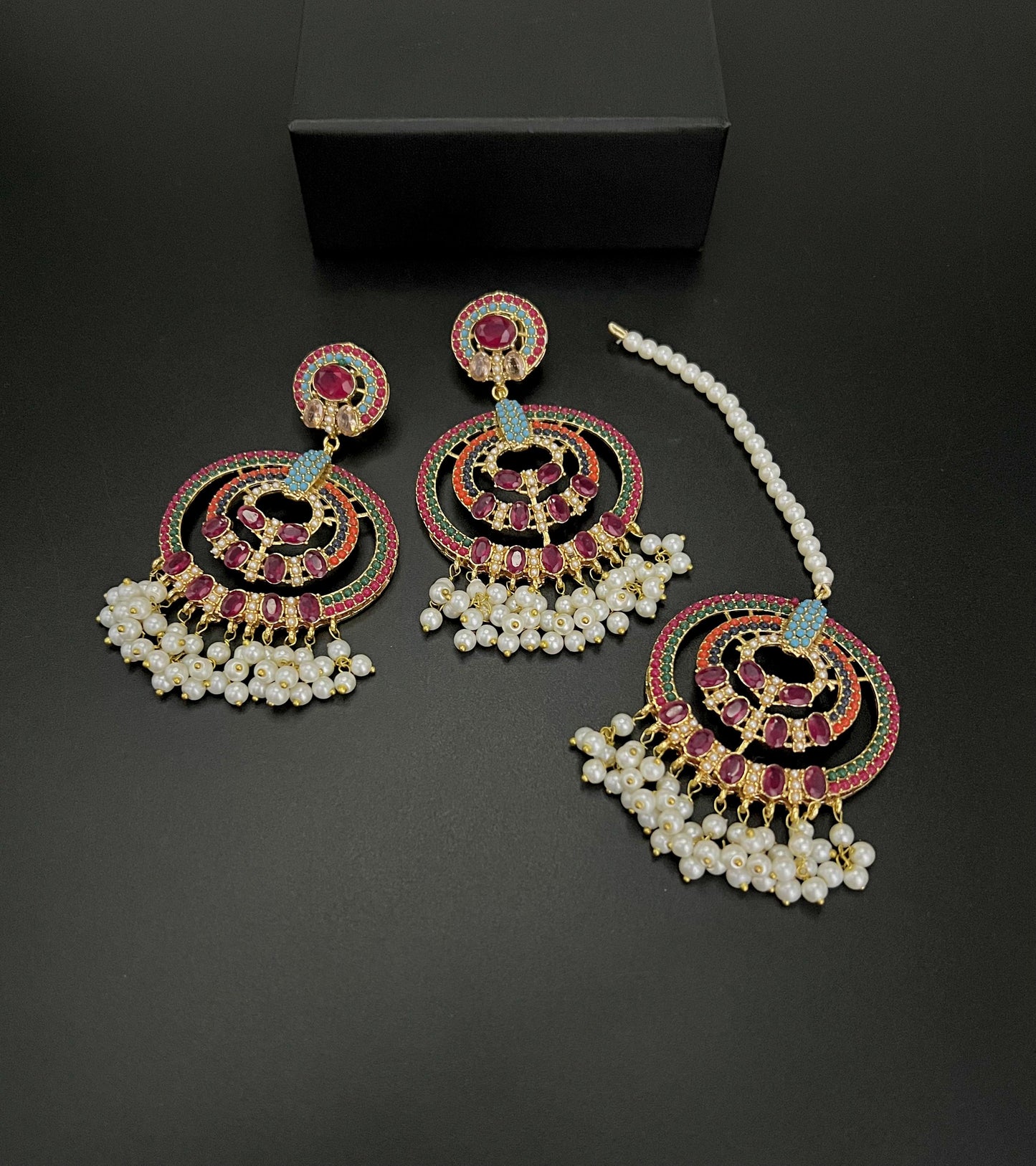 Traditional Pearl & Multi-Color Stone Earrings with Tikka Set
