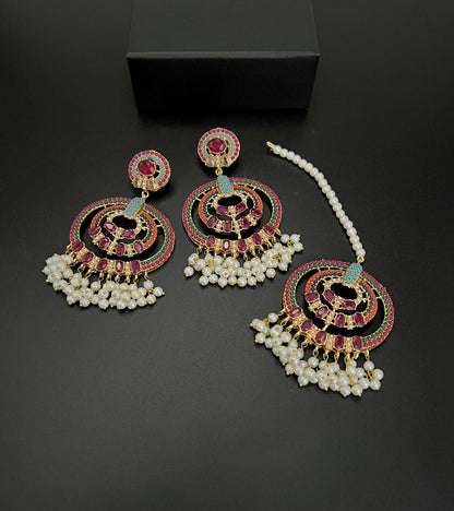 Traditional Pearl & Multi-Color Stone Earrings with Tikka Set