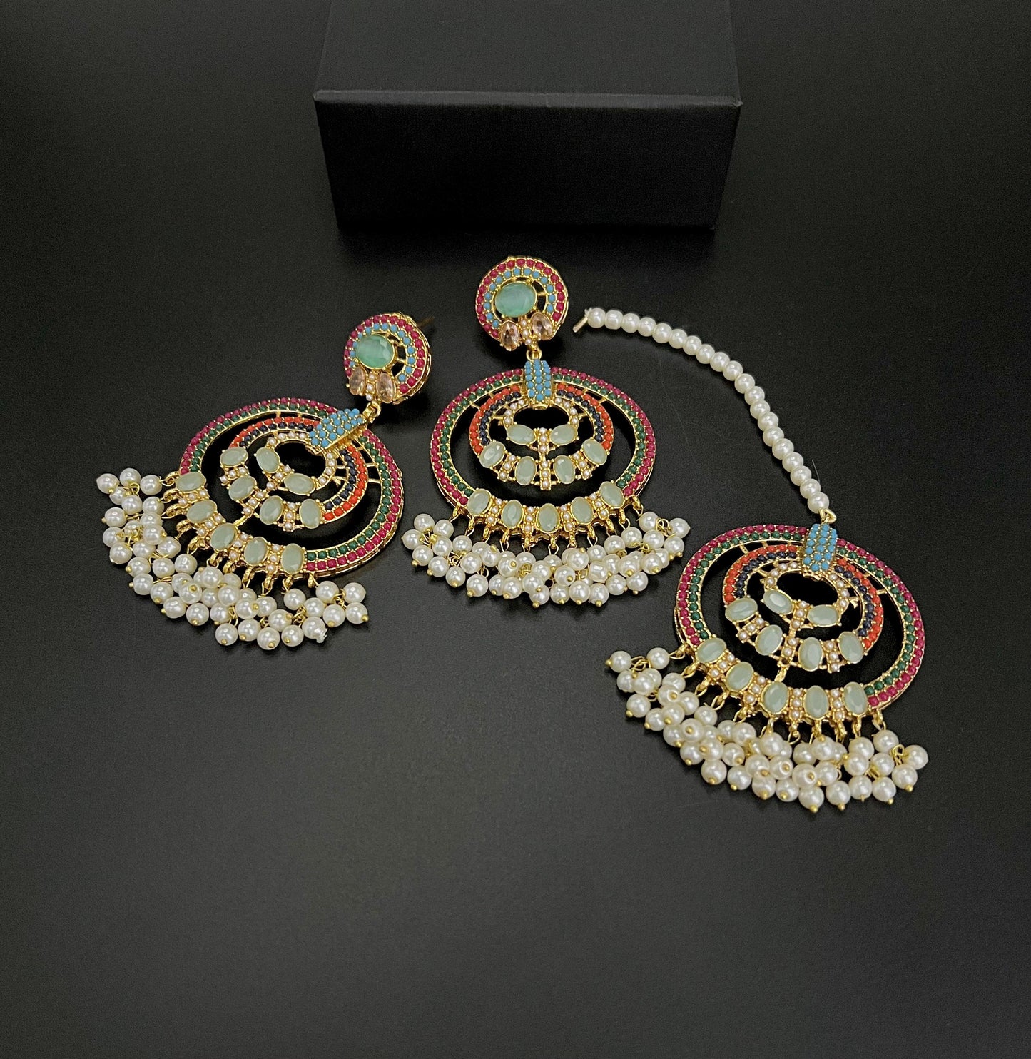 Traditional Pearl & Multi-Color Stone Earrings with Tikka Set